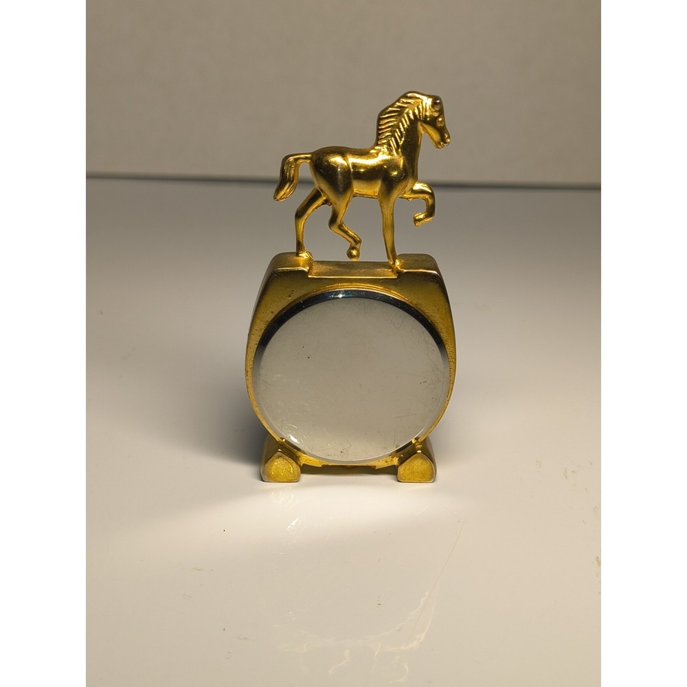 Horse & Lucky Horseshoe Mini Desk Clock Gold Tone- Equestrian Collectible- Works - Picture 3 of 8